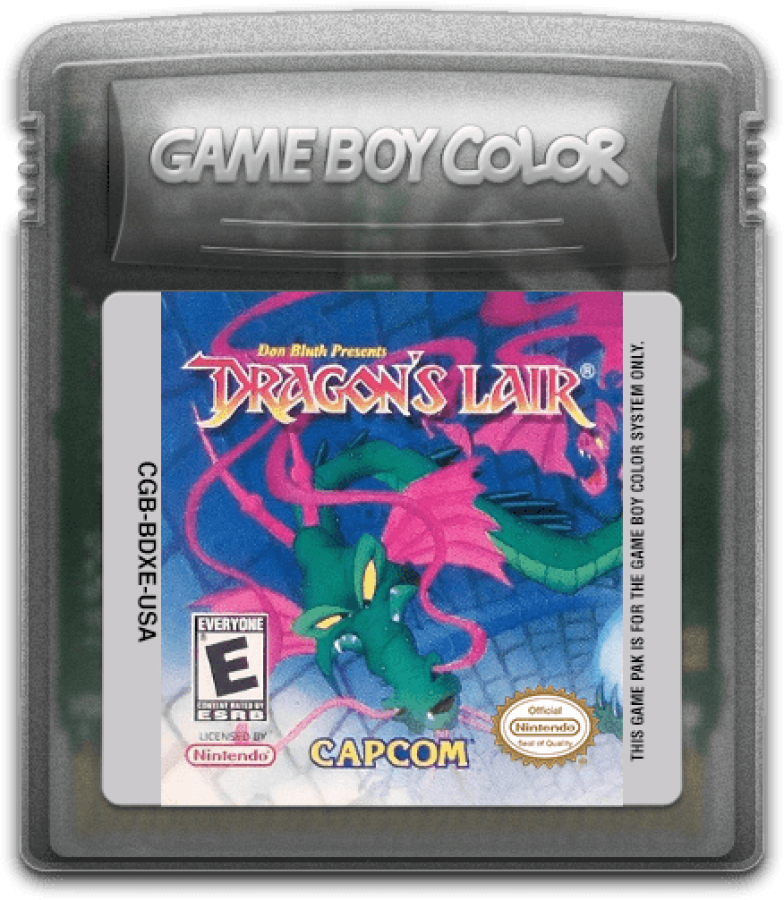 Dragons Lair for Game Boy Color, cartridge for a platformer video game with side-scrolling gameplay, fantasy adventure, knight-based action, and classic arcade-style challenges