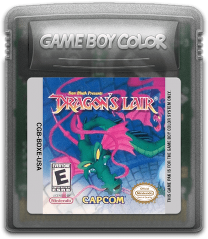 Dragons Lair for Game Boy Color, cartridge for a platformer video game with side-scrolling gameplay, fantasy adventure, knight-based action, and classic arcade-style challenges