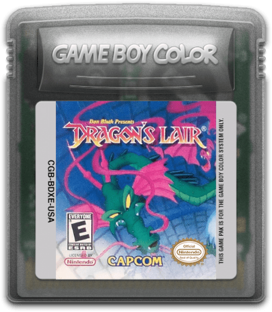 Dragons Lair for Game Boy Color, cartridge for a platformer video game with side-scrolling gameplay, fantasy adventure, knight-based action, and classic arcade-style challenges