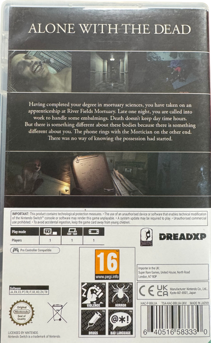 The Mortuary Assistant PAL Import Nintendo Switch NS video game featuring first person survival horror gameplay mortuary embalming tasks paranormal investigations supernatural entities demonic hauntings disturbing discoveries occult rituals atmospheric environments psychological horror jump scares and multiple story outcomes PAL region import edition Nintendo Switch horror gaming retro video game collection collectible gaming appeal back cover art