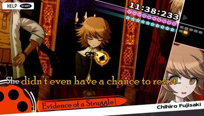 Danganronpa Trigger Happy Havoc PlayStation Vita video game, visual novel adventure, murder mystery investigation, anime-style storytelling, handheld console title gameplay screenshot