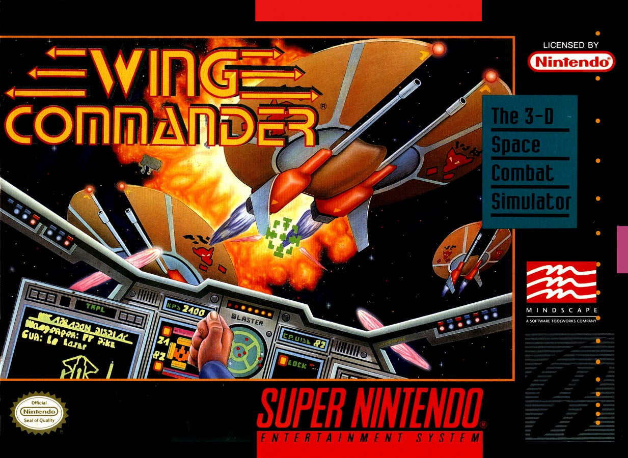 Wing Commander retro SNES video game Wing Commander sci fi space combat flight simulation interstellar warfare arcade style action gameplay console title Super Nintendo release cover art