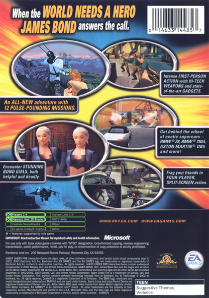 007 Agent Under Fire for Xbox (Xbox), back of case action shooter video game.