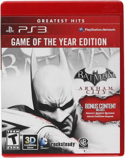 Batman Arkham City Game of the Year Edition Greatest Hits PlayStation 3 PS3 video game featuring Batman action adventure gameplay open world exploration stealth combat missions Gotham City villains and iconic DC Comics characters retro video game PlayStation 3 collection collectible gaming appeal front cover art
