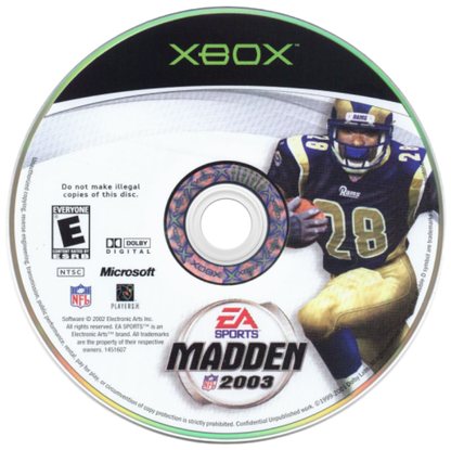 Madden NFL 2003 Xbox football game featuring official NFL teams and players Franchise Mode create a player mini camp training fast paced gameplay enhanced graphics commentary by John Madden and Al Michaels and classic early 2000s EA Sports gridiron action disc