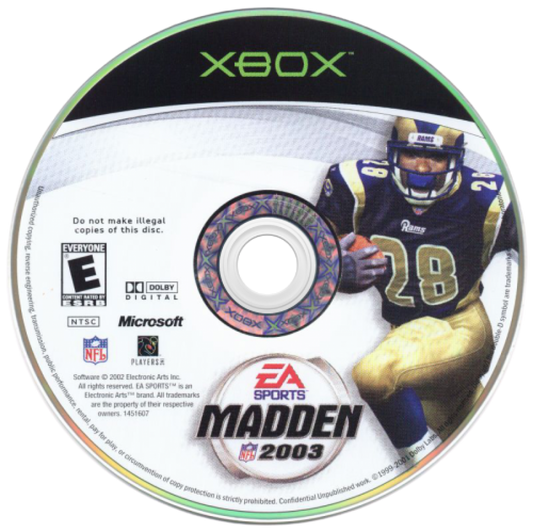 Madden NFL 2003 Xbox football game featuring official NFL teams and players Franchise Mode create a player mini camp training fast paced gameplay enhanced graphics commentary by John Madden and Al Michaels and classic early 2000s EA Sports gridiron action disc