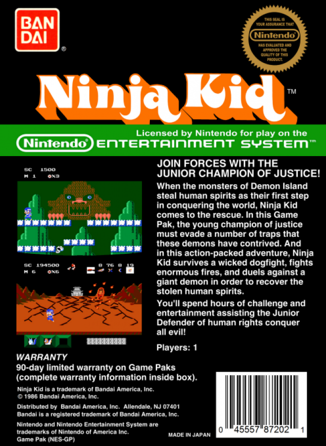 Ninja Kid [5 Screw] back of box for Nintendo Entertainment System (NES) retro video game