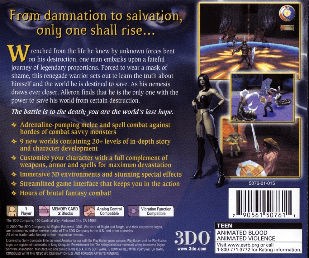 Warriors of Might and Magic back of case for PlayStation 1 (PS1) action role-playing video game