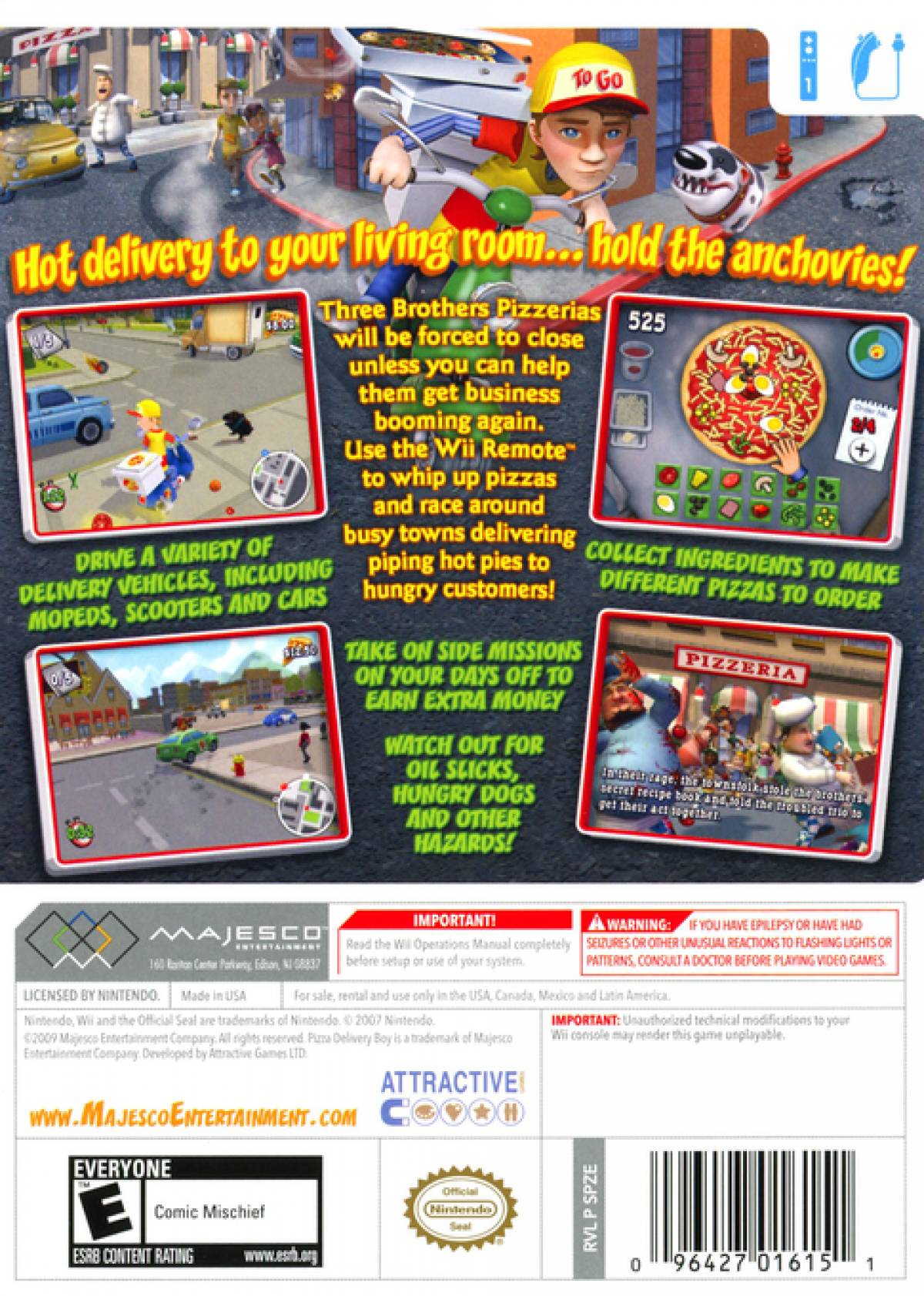 Pizza Delivery Boy – Nintendo Wii (Wii) delivery-themed action adventure simulation video game back of case