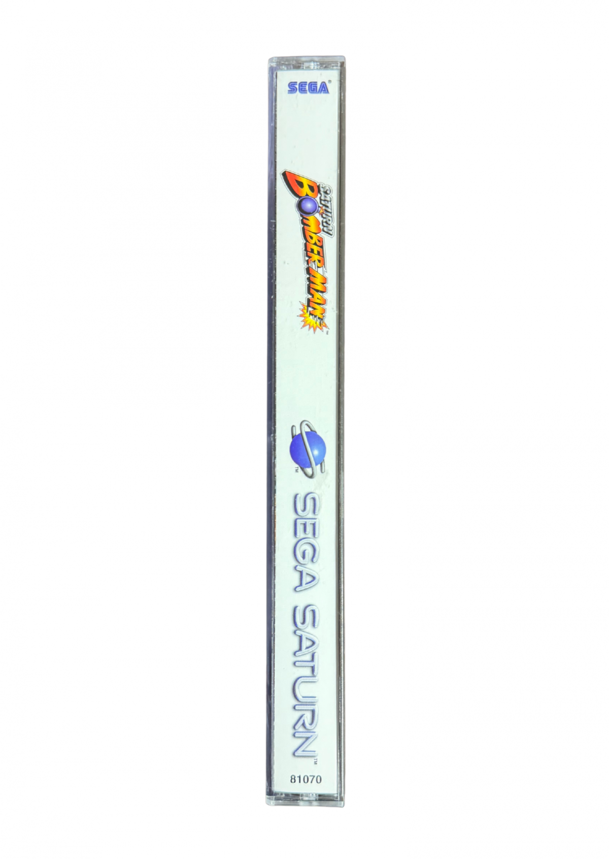 Saturn Bomberman Sega Saturn multiplayer party game classic Bomberman arcade action maze battles bomb placement strategy Hudson Soft cooperative and versus modes retro gaming Sega Saturn software video game title side view of case