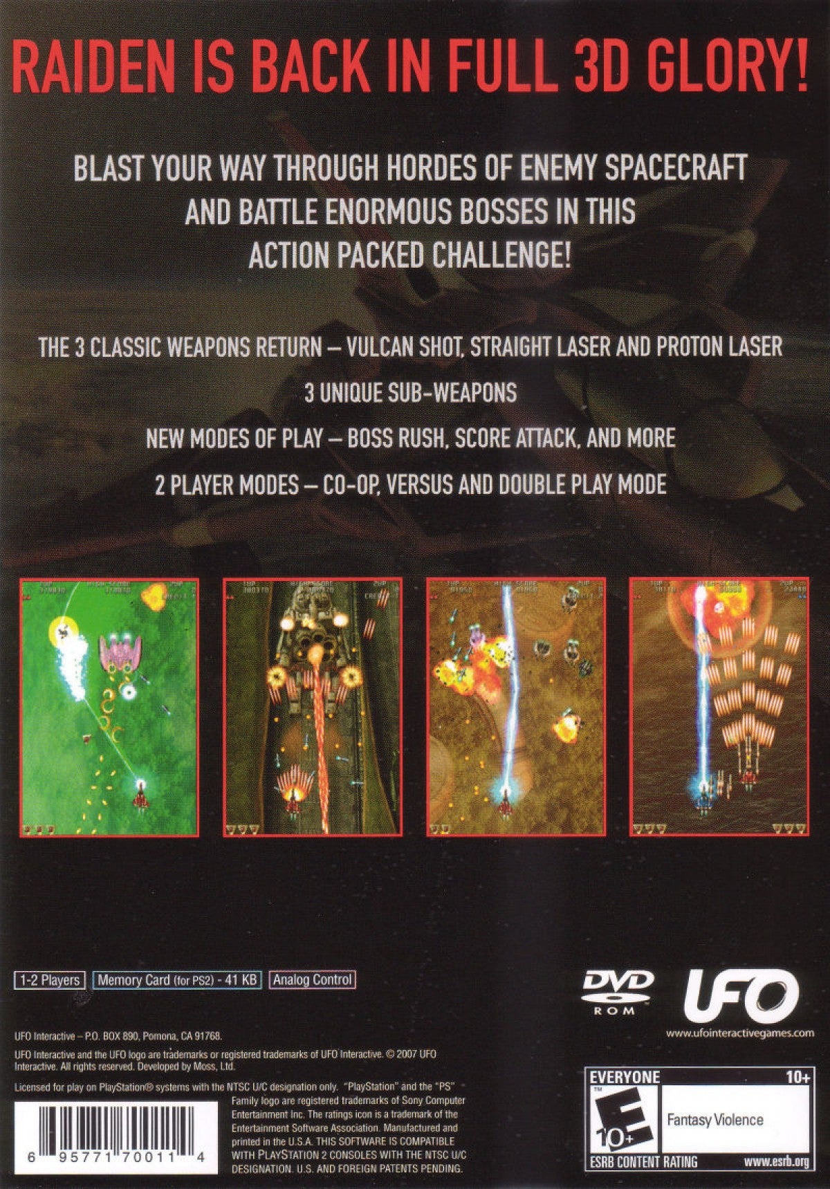 Raiden III – PlayStation 2 (PS2) video game back of case, vertical shoot 'em up arcade game.