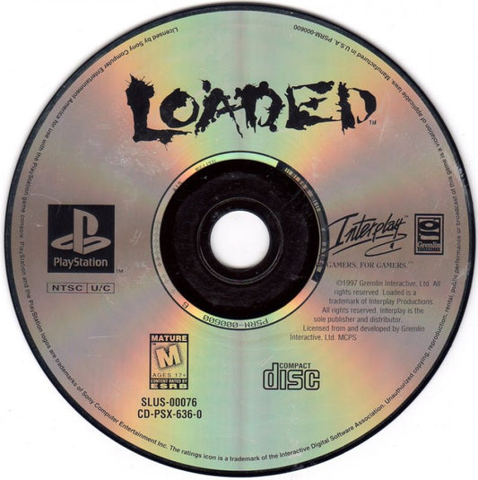 Loaded PS1 PlayStation 1 top down shooter action game multiplayer combat dark humor arcade style gameplay retro video game disc Greatest Hits edition