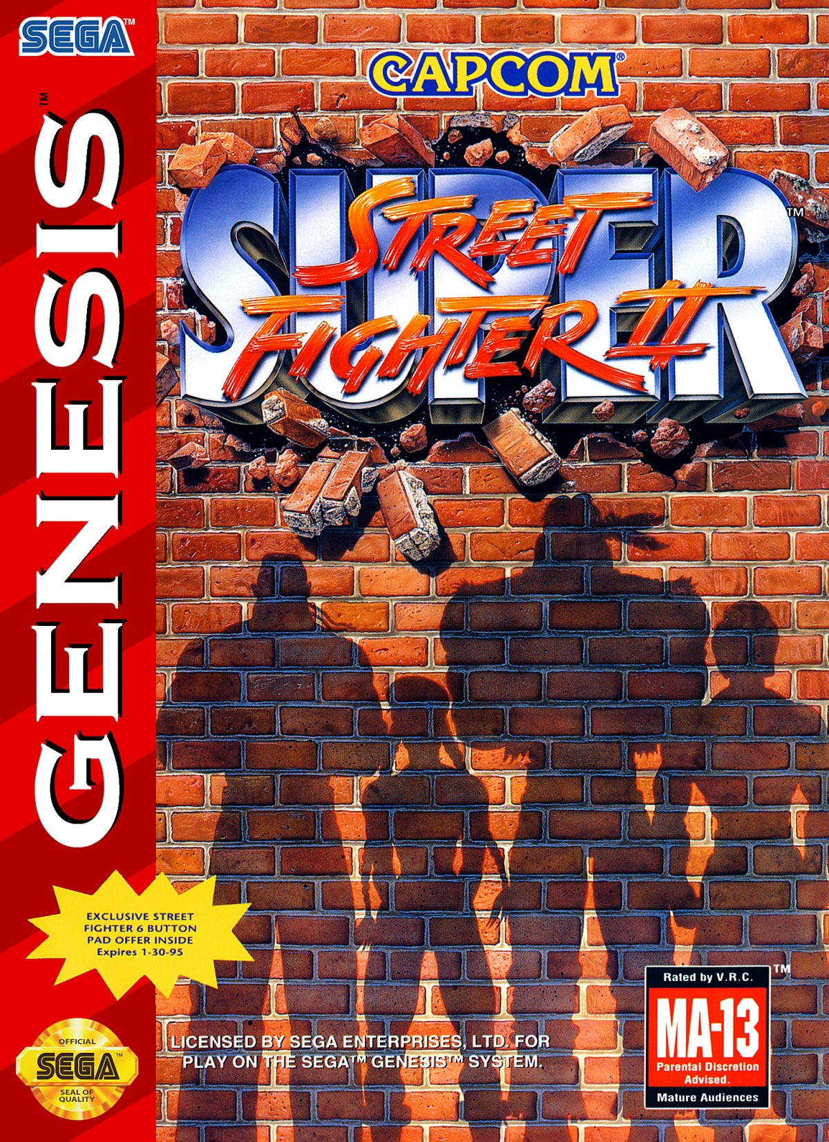 Super Street Fighter II cartridge for the Sega Genesis featuring 16 bit fighting gameplay with a large roster of characters special moves competitive versus matches and arcade style combat action cover art