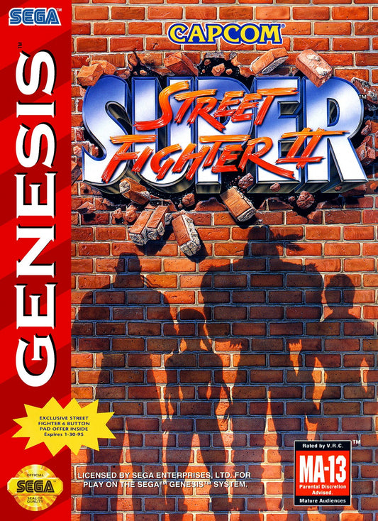 Super Street Fighter II cartridge for the Sega Genesis featuring 16 bit fighting gameplay with a large roster of characters special moves competitive versus matches and arcade style combat action cover art
