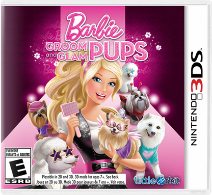 Barbie: Groom and Glam Pups cover art for Nintendo 3DS (3DS) pet care simulation video game