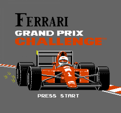 Ferrari Grand Prix Challenge retro NES video game Ferrari Grand Prix Challenge Formula 1 racing simulation high speed competition arcade gameplay classic racing console title Nintendo Entertainment System release title screen