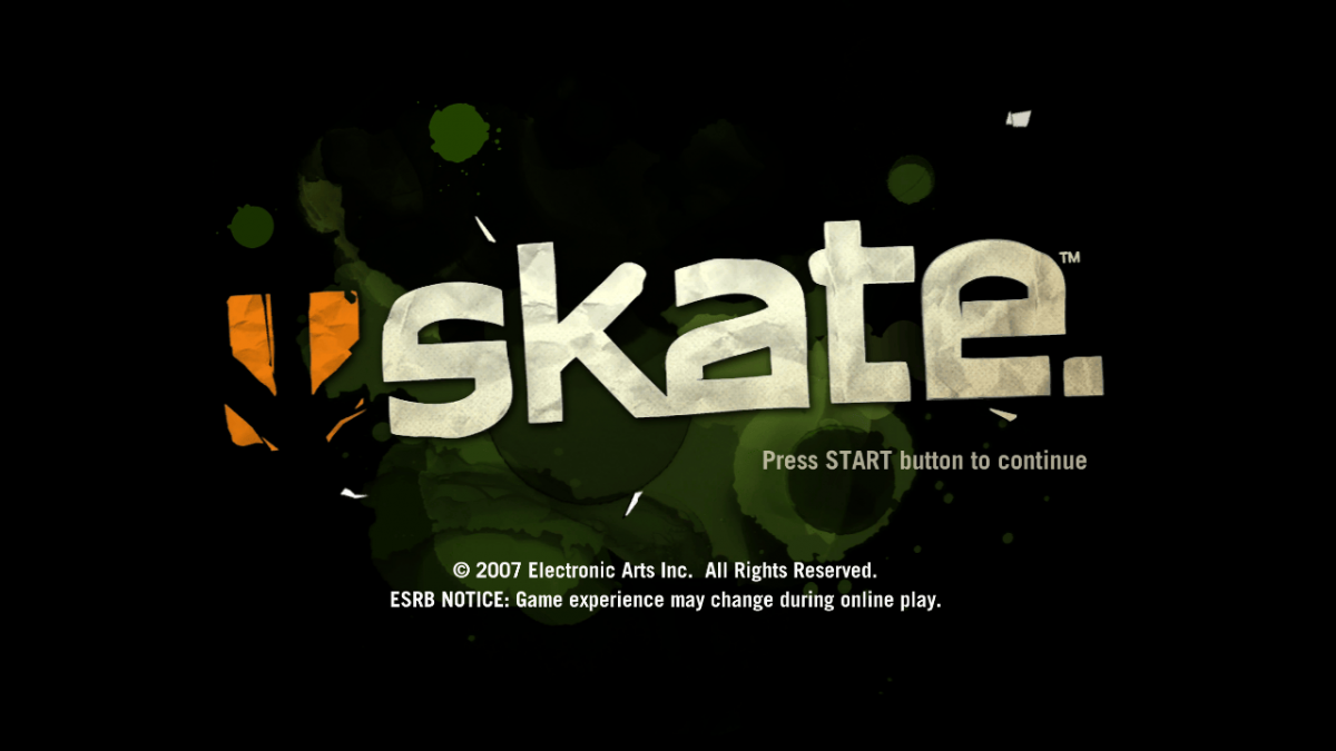 Skate PlayStation 3 skateboarding simulation video game EA Black Box flick it control scheme realistic physics San Vanelona open world locations career mode skate parks video editor soundtrack create a skater professional challenges online multiplayer skate reels main menu title screen