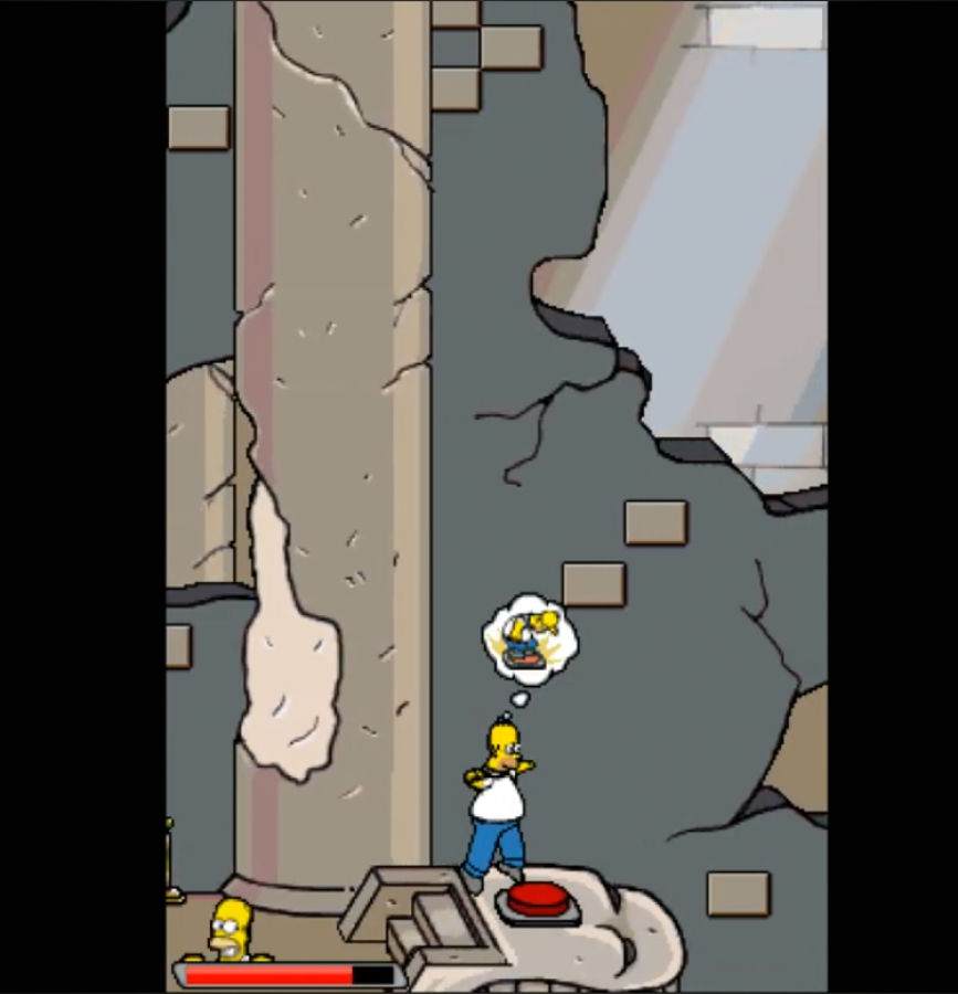 The Simpsons Game Nintendo DS action-platformer parody video game tropes Homer Marge Bart Lisa Maggie four playable characters touch screen minigames original voice actors gameplay