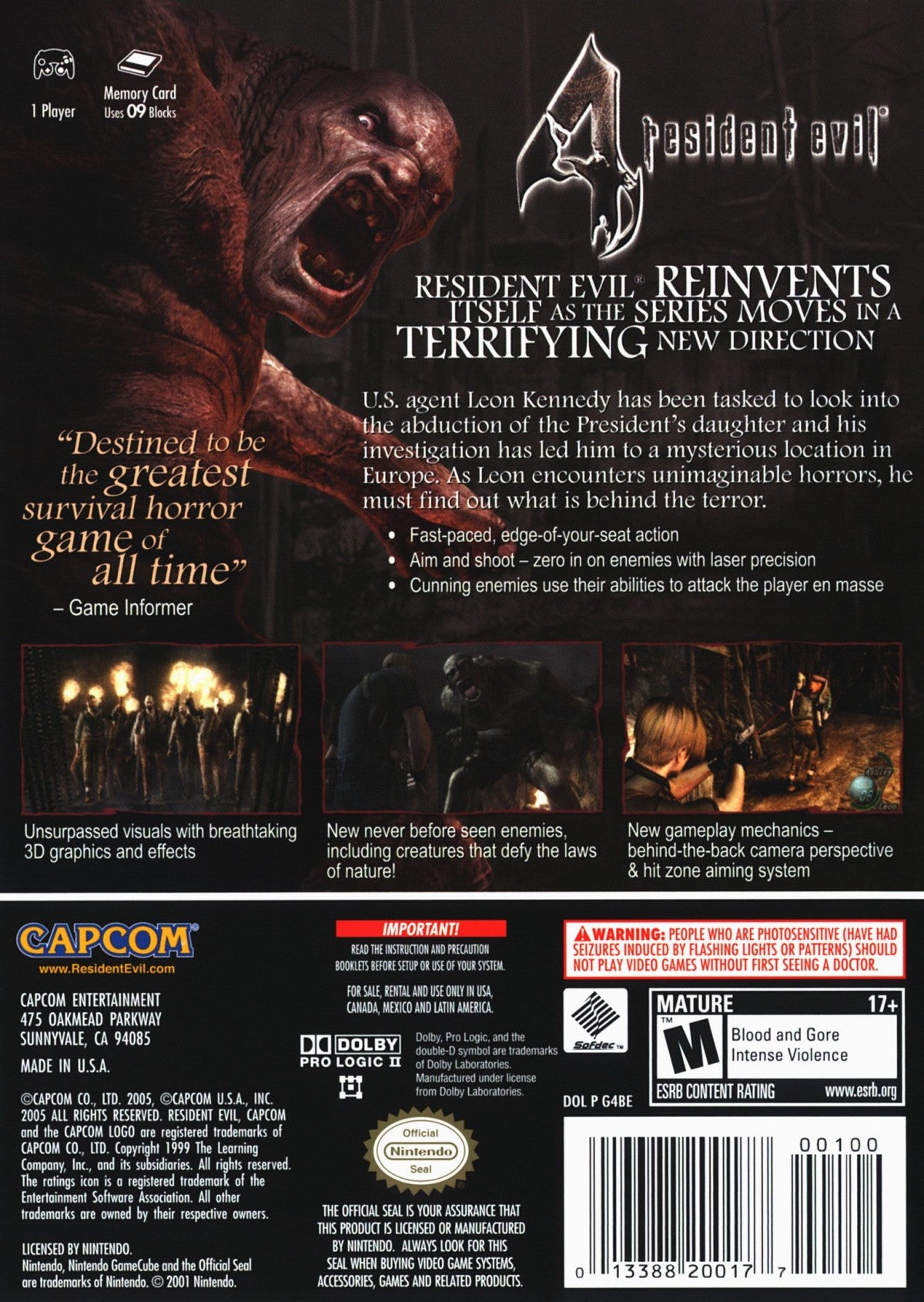 Resident Evil 4 GameCube GC video game, survival horror, third-person action, classic Capcom title, Nintendo GameCube release back cover art