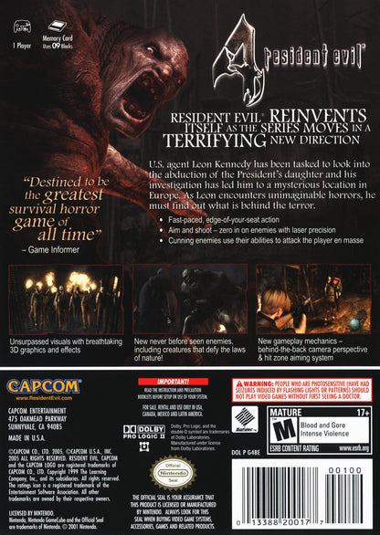 Resident Evil 4 GameCube GC video game, survival horror, third-person action, classic Capcom title, Nintendo GameCube release back cover art