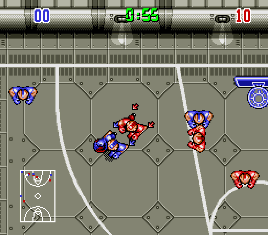 Bill Laimbeer's Combat Basketball Super Nintendo SNES futuristic sports video game set in 2030 weapons and mines legal no referees robot players overhead perspective league play gameplay screenshot