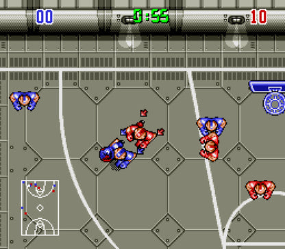 Bill Laimbeer's Combat Basketball Super Nintendo SNES futuristic sports video game set in 2030 weapons and mines legal no referees robot players overhead perspective league play gameplay screenshot