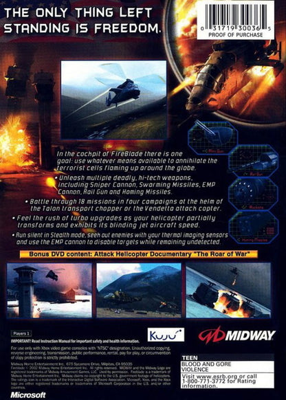 Fire Blade helicopter combat military action Xbox video game simulation combat missions arcade style flight campaign military helicopter combat simulation Xbox console exclusive back cover