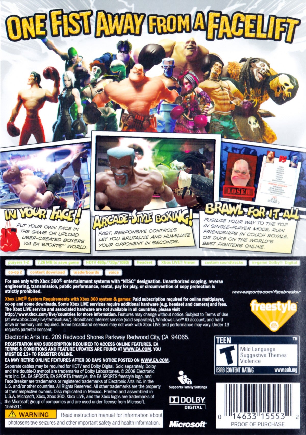 FaceBreaker Xbox 360 for sports fighting video game fans featuring over the top arcade boxing gameplay colorful cartoon style characters powerful knockout punches fast paced multiplayer matches unique special moves humorous action and competitive brawling collectible gaming appeal back cover art