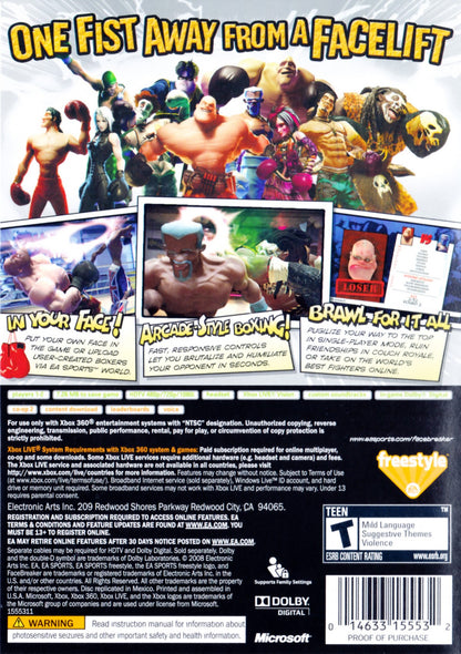 FaceBreaker Xbox 360 for sports fighting video game fans featuring over the top arcade boxing gameplay colorful cartoon style characters powerful knockout punches fast paced multiplayer matches unique special moves humorous action and competitive brawling collectible gaming appeal back cover art