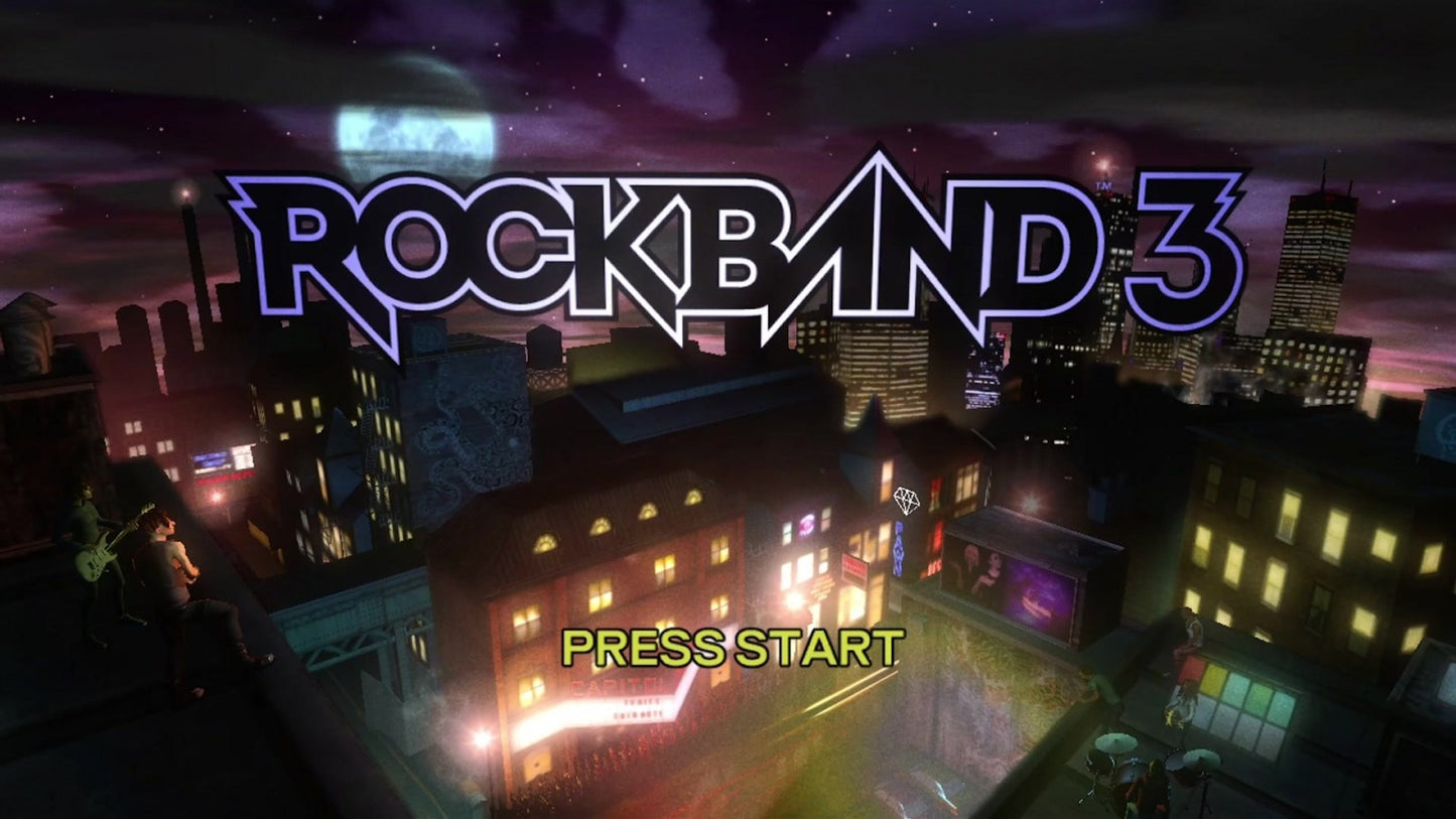 Rock Band 3 start screen for Xbox 360 (X360) music rhythm video game