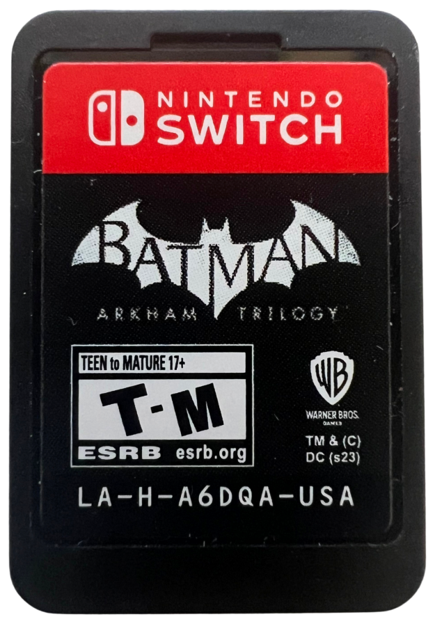 Batman Arkham Trilogy for Nintendo Switch, cartridge for an action-adventure video game collection with open-world gameplay, combat mechanics, stealth elements, and superhero storyline