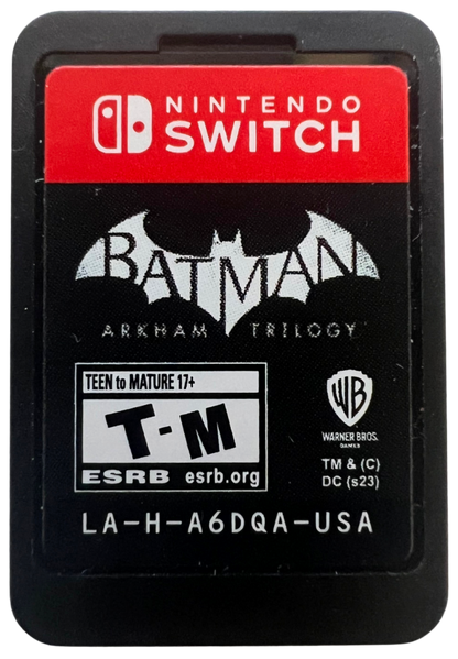 Batman Arkham Trilogy for Nintendo Switch, cartridge for an action-adventure video game collection with open-world gameplay, combat mechanics, stealth elements, and superhero storyline