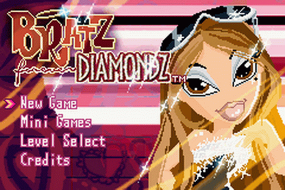 Bratz Forever Diamondz Game Boy Advance GBA video game, fashion and adventure gameplay, character customization, handheld console title title screen 