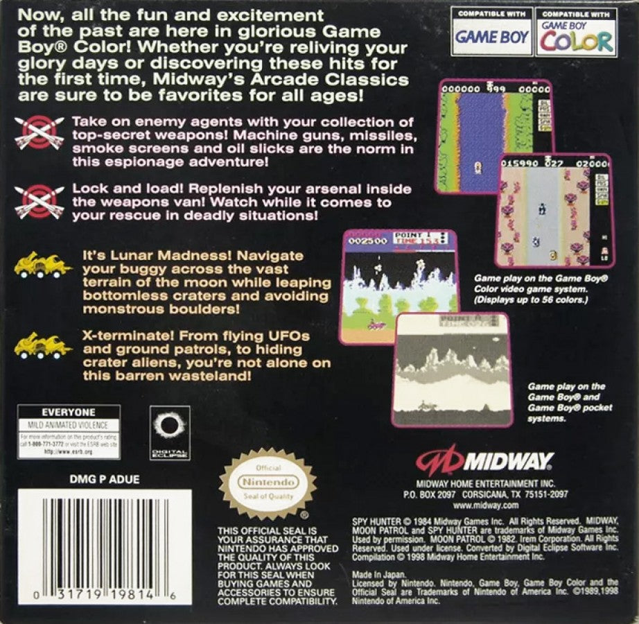 Arcade Hits: Moon Patrol and Spy Hunter Nintendo Game Boy Color GBC for arcade action racing shooter retro video game fans featuring side scrolling vehicle combat high speed driving classic arcade gameplay military missions retro challenges collectible gaming appeal back of case