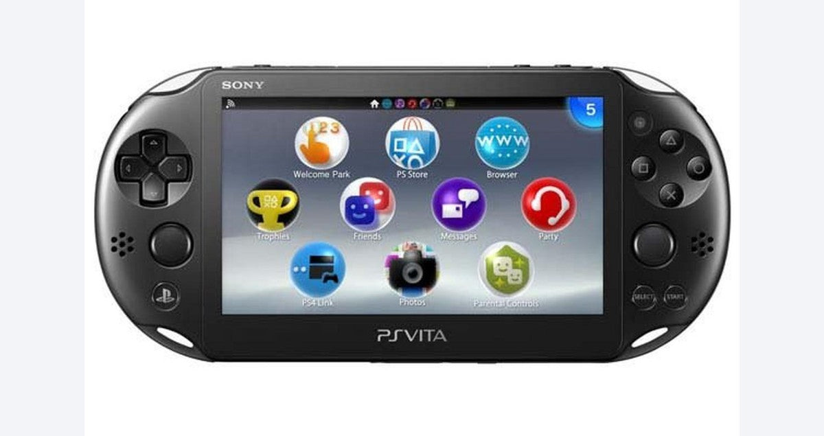 Sony PlayStation Vita 1101 PS Vita 1101 3G Black Scratch and Scuff Condition handheld gaming console featuring OLED touchscreen display dual analog sticks rear touchpad front and rear cameras 3G mobile connectivity Wi Fi wireless gaming portable PlayStation game compatibility black finish pre owned hardware with cosmetic wear retro gaming collection collectible handheld console appeal