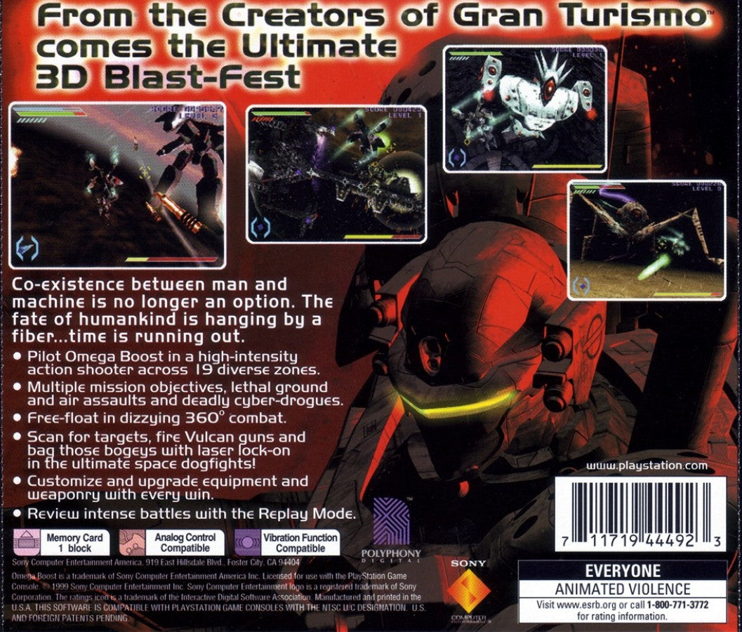 Omega Boost retro sci-fi rail shooter mech combat game for PlayStation 1 (PS1) back of case