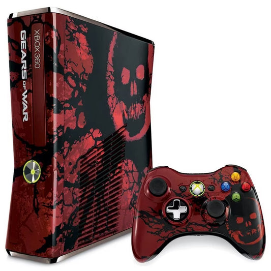Retro Xbox 360 Gears of War Edition inspired design featuring limited edition Microsoft gaming console aesthetic custom red hardware battle worn graphics iconic sci fi shooter theme collectible HD era gaming system nostalgic console presentation console and controller 