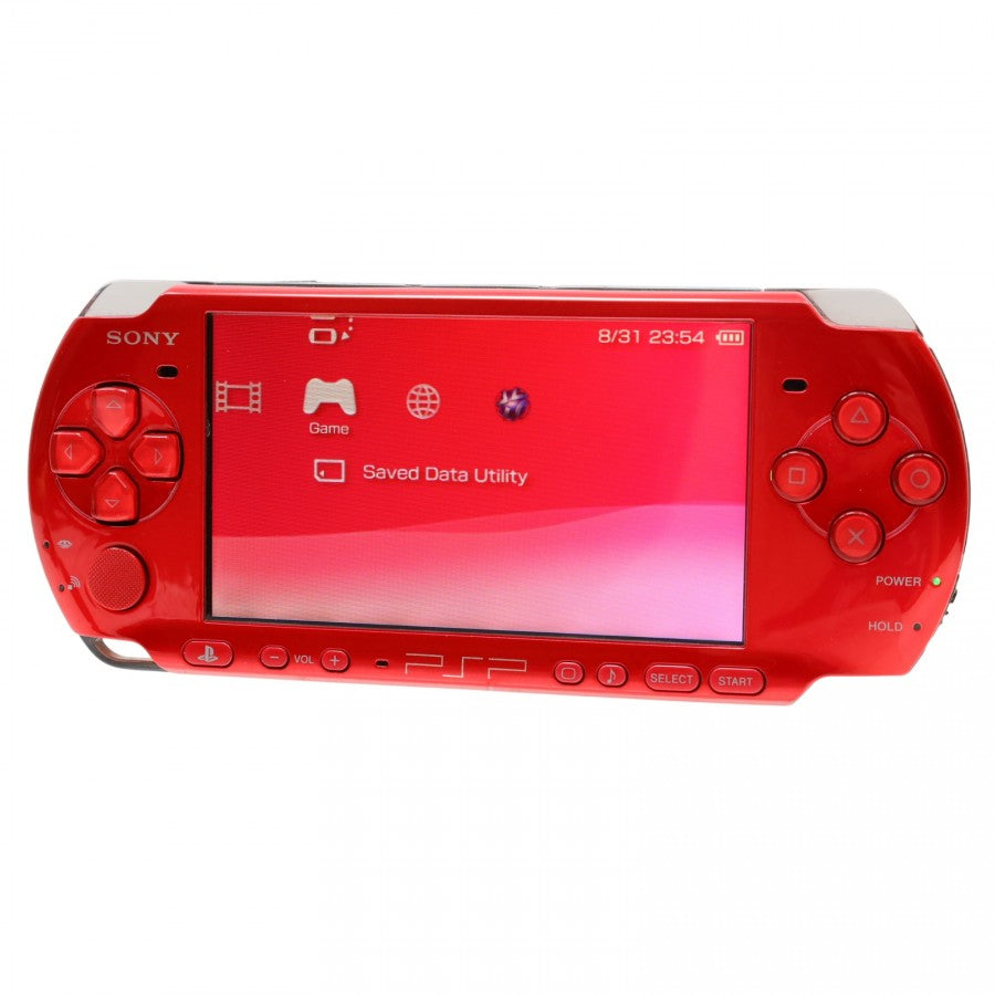 Red PlayStation Portable 3001 PSP 3001 handheld gaming console featuring vibrant red finish portable PlayStation gaming UMD game support widescreen LCD display built-in controls memory stick storage wireless connectivity and classic Sony handheld hardware collectible retro gaming appeal front of console