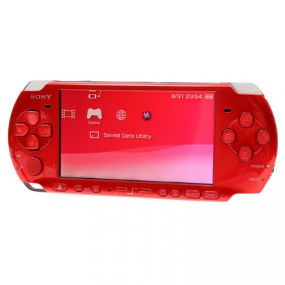 Red PlayStation Portable 3001 PSP 3001 handheld gaming console featuring vibrant red finish portable PlayStation gaming UMD game support widescreen LCD display built-in controls memory stick storage wireless connectivity and classic Sony handheld hardware collectible retro gaming appeal front of console