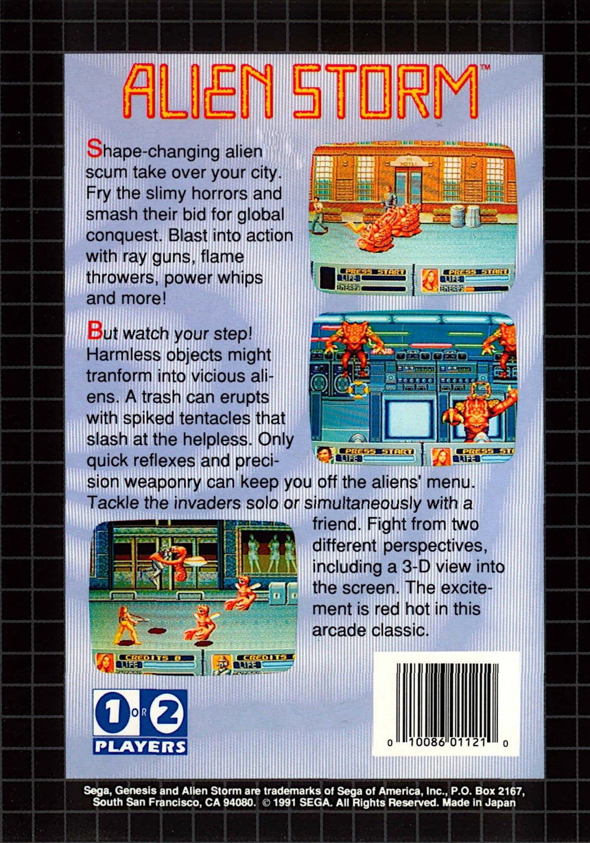 Alien Storm Sega Genesis GEN for retro video game enthusiasts featuring side scrolling beat em up gameplay sci fi alien battles cooperative multiplayer action arcade combat futuristic weapons and collectible gaming appeal back cover