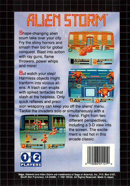 Alien Storm Sega Genesis GEN for retro video game enthusiasts featuring side scrolling beat em up gameplay sci fi alien battles cooperative multiplayer action arcade combat futuristic weapons and collectible gaming appeal back cover