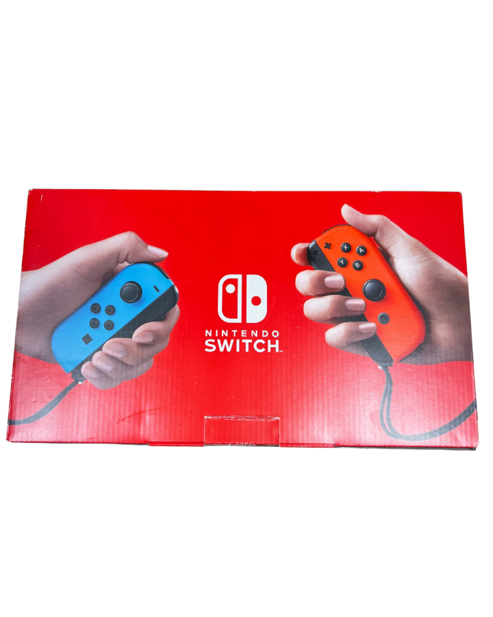 Back of a Nintendo Switch retail box showing product images, feature highlights, and branding artwork printed on the packaging.