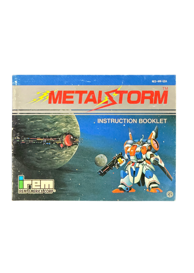 Metal Storm Nintendo Entertainment System NES for retro video game enthusiasts featuring side scrolling action platforming gameplay gravity switching mechanics futuristic robot combat challenging sci fi levels precision platforming and collectible gaming appeal manual