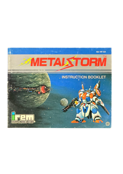 Metal Storm Nintendo Entertainment System NES for retro video game enthusiasts featuring side scrolling action platforming gameplay gravity switching mechanics futuristic robot combat challenging sci fi levels precision platforming and collectible gaming appeal manual