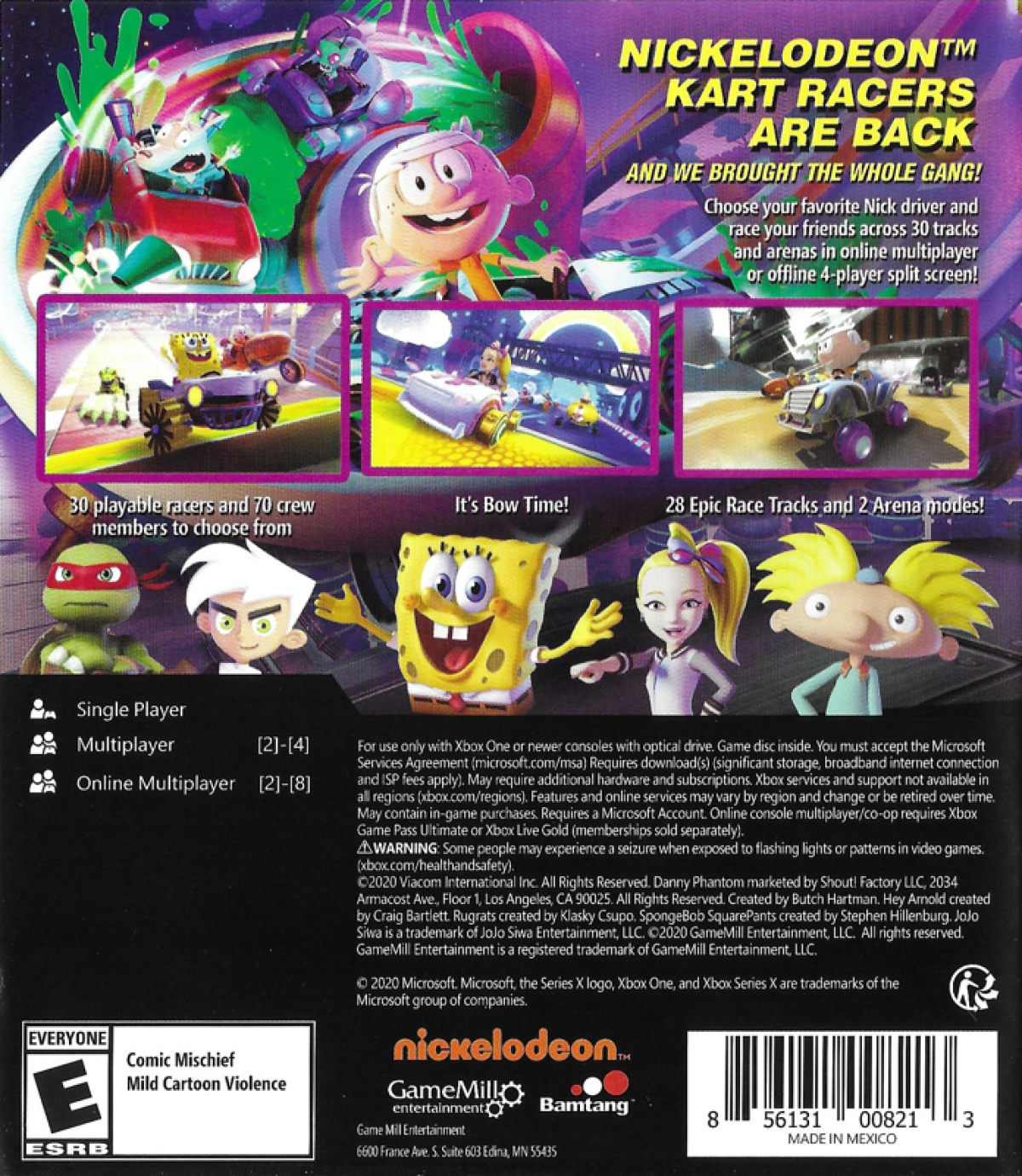 Nickelodeon Kart Racers 2 Grand Prix Xbox One for retro video game enthusiasts featuring arcade kart racing gameplay iconic Nickelodeon characters colorful tracks power up based competition local multiplayer racing family friendly fun and collectible gaming appeal back cover