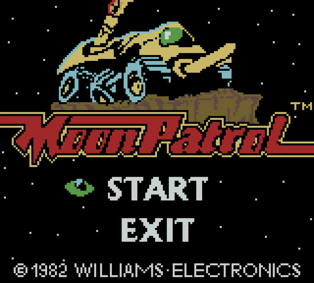 Arcade Hits: Moon Patrol and Spy Hunter Nintendo Game Boy Color GBC for arcade action racing shooter retro video game fans featuring side scrolling vehicle combat high speed driving classic arcade gameplay military missions retro challenges collectible gaming appeal title screen