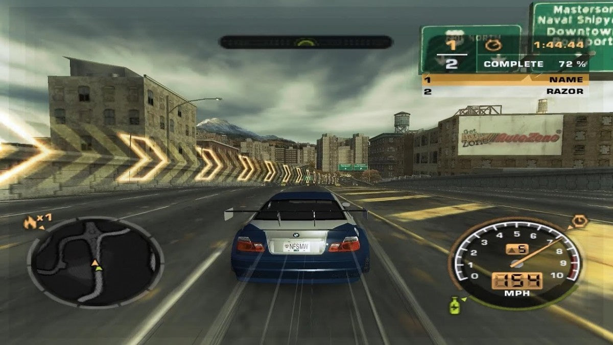 Need for Speed: Most Wanted for Nintendo GameCube (GC) at Gamers INC, featuring the high-stakes illegal street racing hit that challenges you to outrun the most aggressive police chases in the series as you climb the "Blacklist" of the underground's elite drivers, utilizing intense pursuit evasion tactics, deep car customization, and cinematic open-world gameplay to become the most wanted racer in Rockport City gameplay screenshot