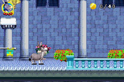 Shrek 2 Beg for Mercy for Game Boy Advance (GBA), gameplay for a retro video game featuring action platforming gameplay, character-based combat, side-scrolling levels, and movie-inspired adventure challenges