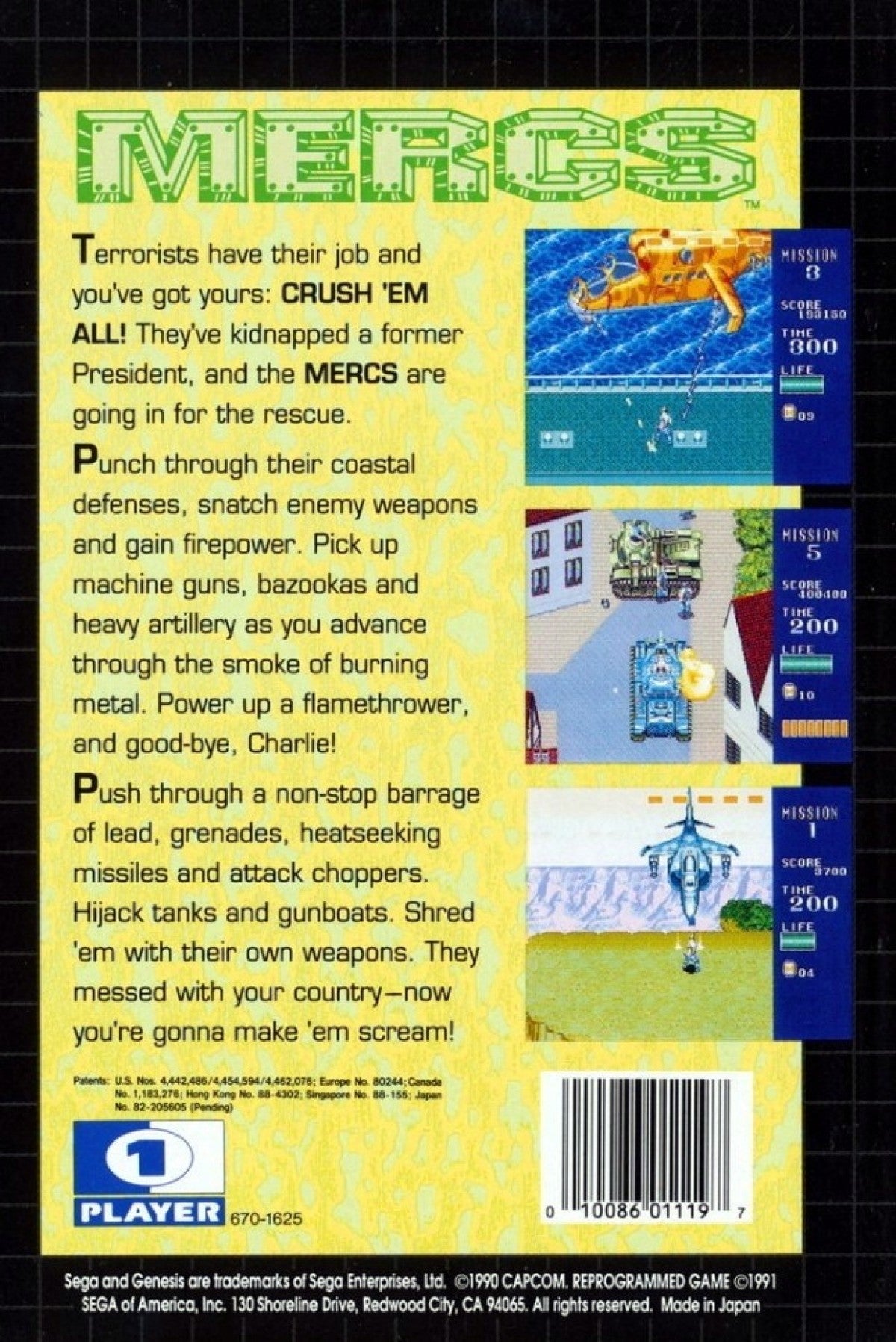 Mercs Sega Genesis retro video game run and gun shooter back of case (1991)