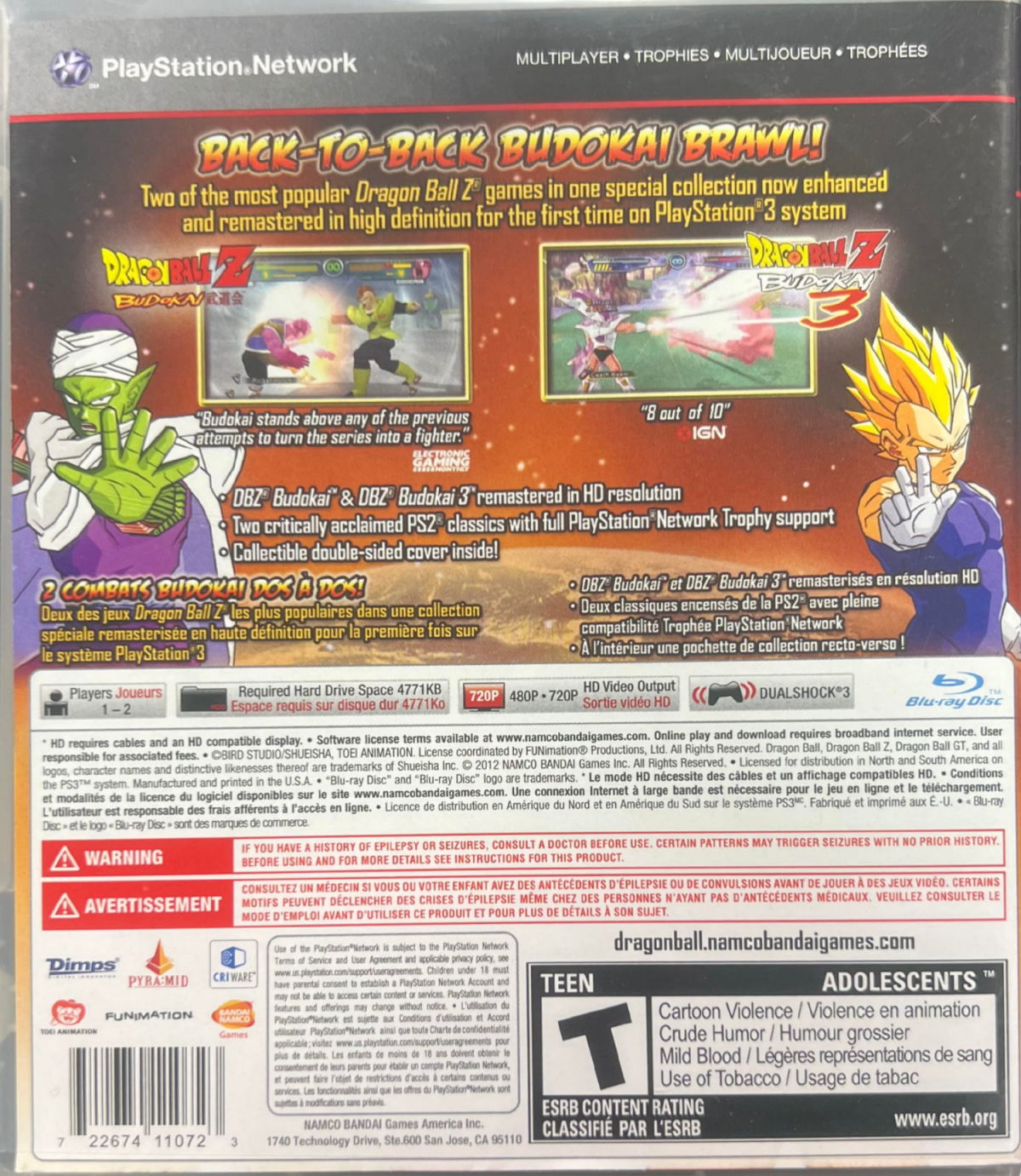 Dragon Ball Z Budokai HD Collection PlayStation 3 PS3 for video game enthusiasts featuring classic 3D fighting gameplay iconic Dragon Ball Z characters powerful attacks intense martial arts battles story modes high speed combat and collectible gaming appeal back cover art